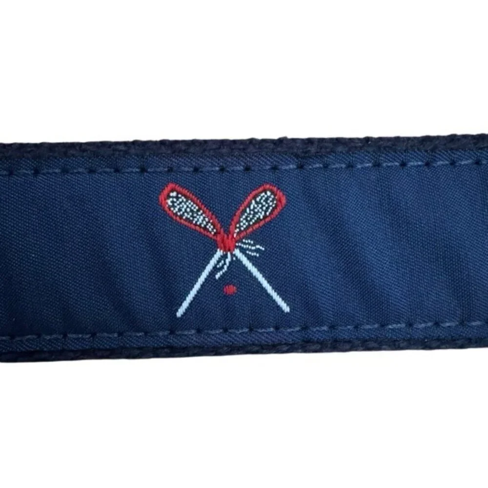 Leather Man Embroidered Lacrosse Belt Brass Buckle Leather Trim Navy Size 30